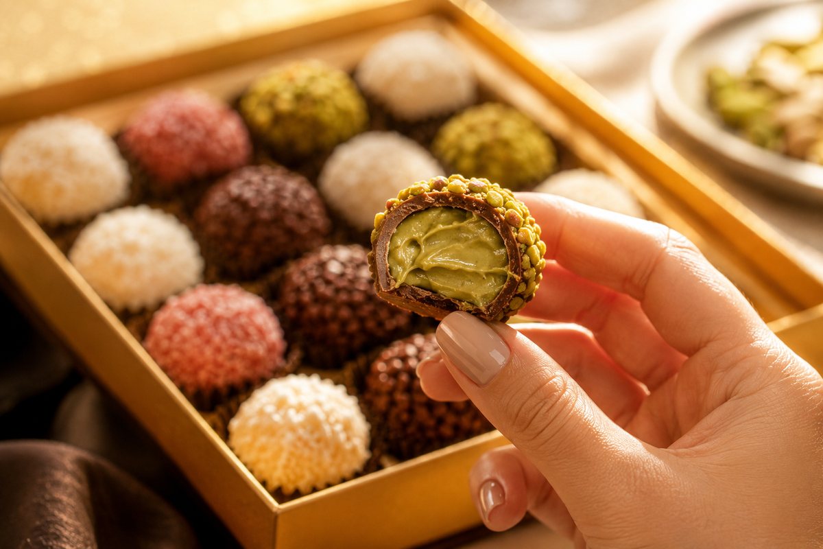 Caixa de brigadeiros gourmet variados com um de pistache cortado ao meio